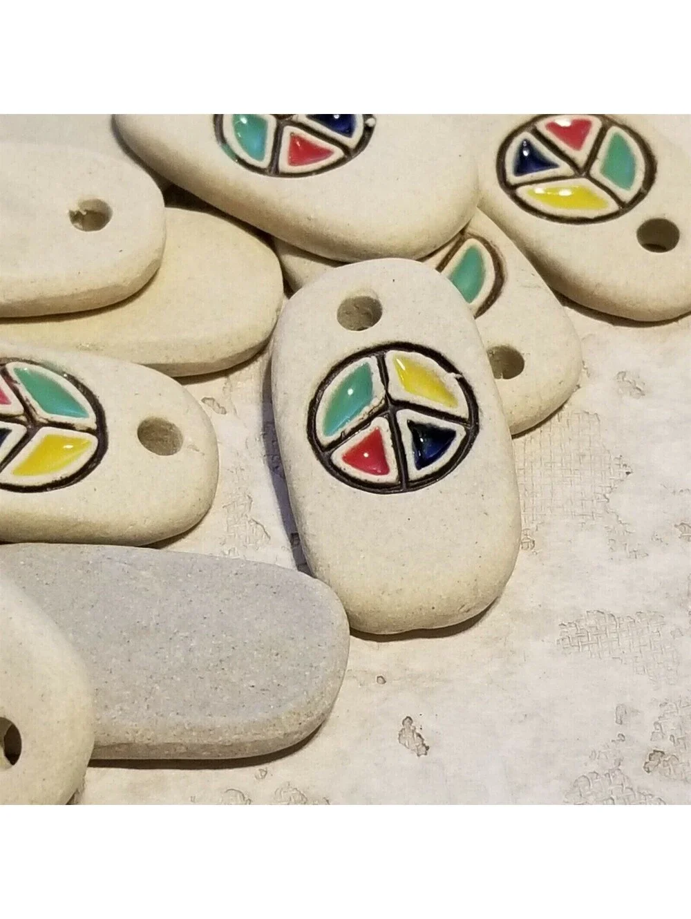 Cream Blue Green Yellow Red Partial Glaze 37x20mm Ceramic Peace Sign Pendant